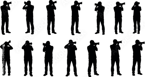 Photographer silhouettes collection with professional camera shooting poses isolated on white background, photography, media and creative profession concept illustration set