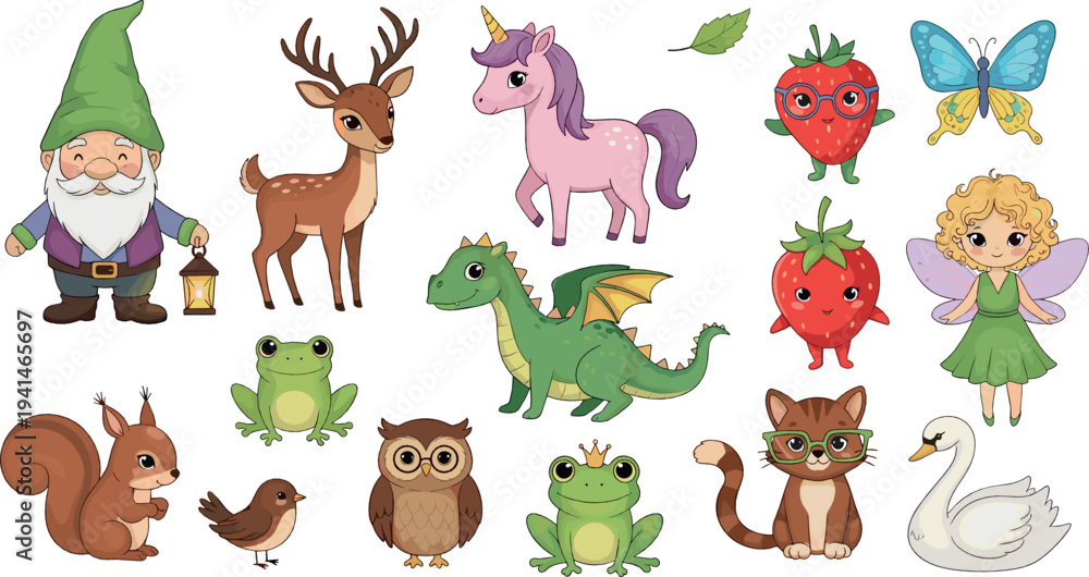 Obraz premium Cute fantasy and woodland characters vector set with gnome, unicorn, dragon, fairy, animals and nature cartoon illustration