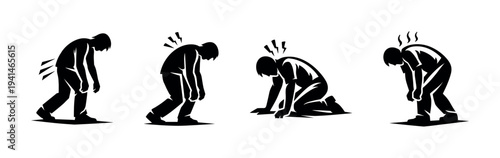 Black and white silhouette illustration of tired or stressed human figures in various poses