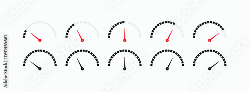 Simple speedometer icons in varying angles and pointer positions. Minimalist design shows progress, measurement, or performance. Useful for dashboards, data visuals, or user interface elements