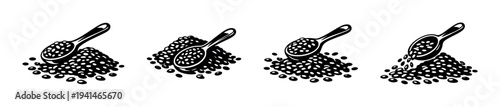 Black and white vector illustrations of coffee beans with scoops in various arrangements