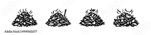 Black and white vector illustration of various compost piles with organic waste elements