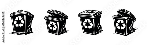 Recycling bin silhouette set in black and white vector illustration