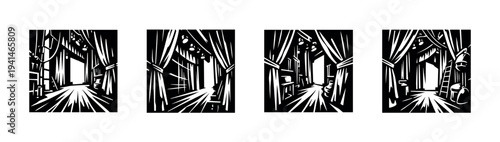 Theater stage curtains black and white vector silhouette set illustration