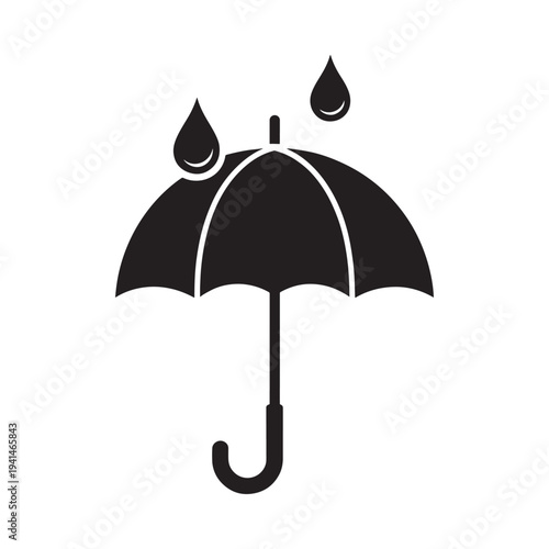 A simple black and white illustration depicts a closed umbrella with raindrops