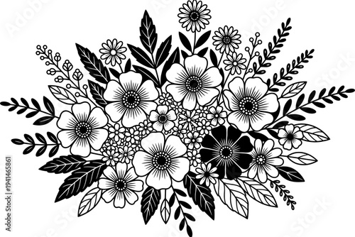 Floral bouquet with flowers leaves and branches line art
