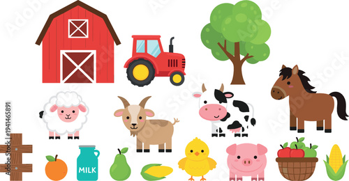 Cute farm animals and agriculture vector set with barn, tractor, cow, sheep, pig, horse and rural cartoon illustration
