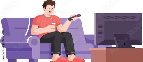 Young man sitting on comfortable couch at home watching television and drinking beverage in living room setting