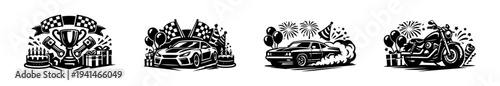 Black and white vector set of racing cars and motorcycle with celebratory elements