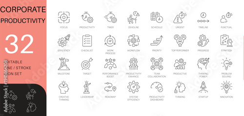 Corporate Productivity and Time Management line icon set. Includes symbols for Efficiency, Workflow, Deadline, and Strategy. Editable stroke vector icons for business process.