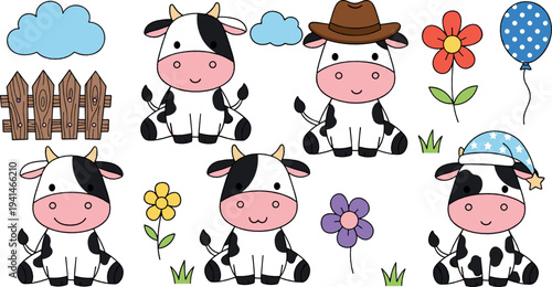 Cute Farm Cow Characters Collection with Flowers Balloon Hat and Cartoon Barnyard Vector Illustration Set