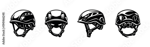 Vector illustrations of rock climbing helmets in black and white silhouette style