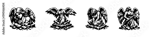 Silhouette angel statues in ruins vector illustration set in black and white