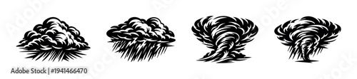 Black and white vector set of stylized cloud and storm illustrations