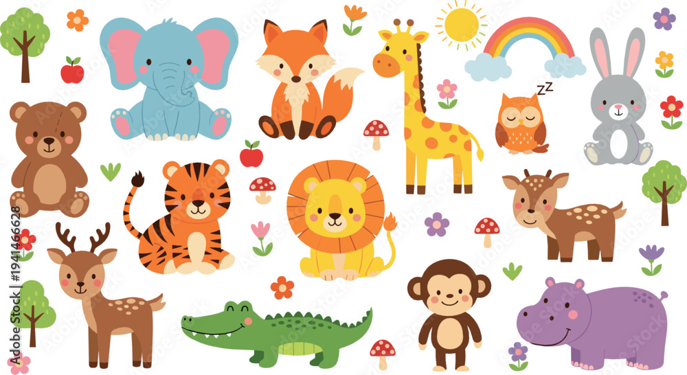 Obraz premium Cute jungle and forest animals vector set with elephant, lion, tiger, giraffe, monkey, crocodile and rainbow cartoon illustration for kids