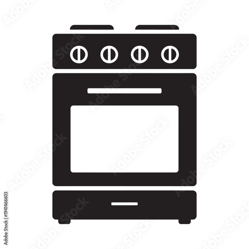 A simple black and white illustration of a modern kitchen stove with oven