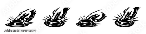 Illustration of hand pressing button in black and white silhouette style set