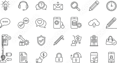 A collection of various line icons for business and communication on a white background