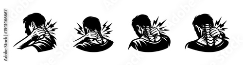 Neck pain silhouette set featuring spine with pain highlights in black and white