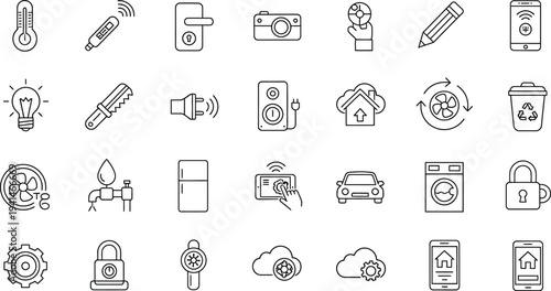 A collection of various smart home and technology icons in a simple line drawing style