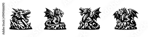 Set of four dragon silhouettes in black and white vector on rocky bases