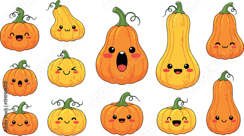 Cute Kawaii Pumpkin Characters Collection with Smiling Autumn Gourds and Halloween Cartoon Vector Illustration Set