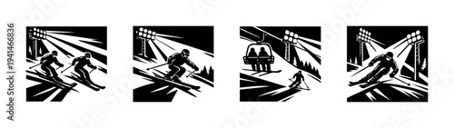 Vector silhouette of skiing and ski lift in black and white set