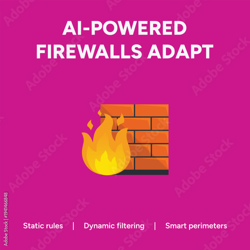 Striking vector graphic illustration of an artificial intelligence powered firewall featuring burning flames confronting a brick barrier representing digital security adaptation.