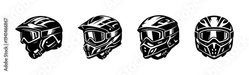 Black and white vector illustration of four motorcycle helmets in silhouette style