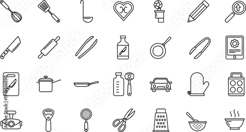 A collection of various kitchen and office icons in a simple line art style on a white background