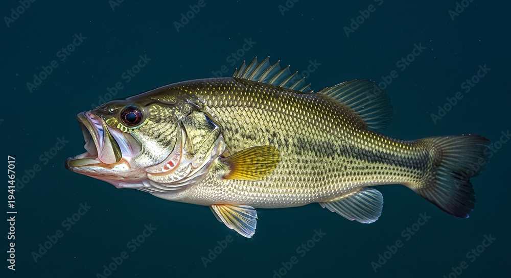 Fototapeta premium Largemouth Bass Fish Swimming Underwater on a Solid Dark Blue Background