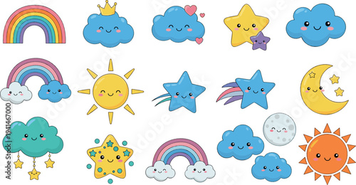 Cute Kawaii Sky Characters Collection with Rainbow Sun Moon Stars Clouds and Cartoon Weather Vector Illustration Set