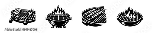 Black and white vector illustration of grills with cooking utensils and bbq elements