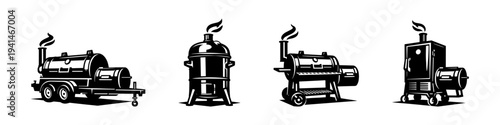 Vector set of four stylish barbecue grills in black and white silhouette style