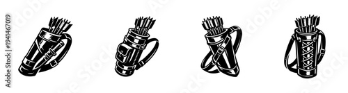 Vector silhouette illustration of archery quivers and arrows in black and white