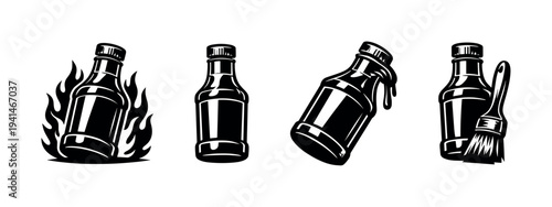 Set of black and white vector illustrations of sauce bottles with flames and brush