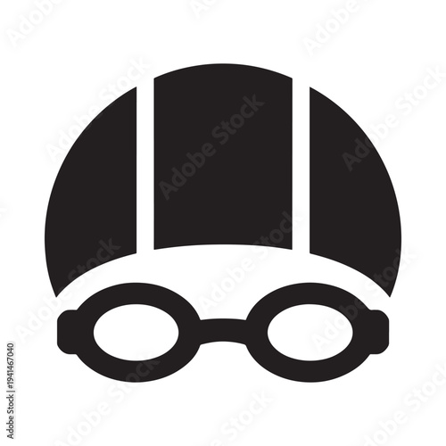 A minimalist black and white icon depicting swimming goggles and a cap