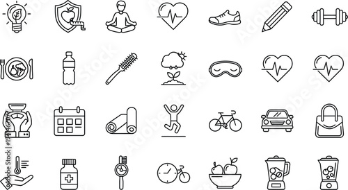 A collection of various icons representing health and wellness concepts on a white background