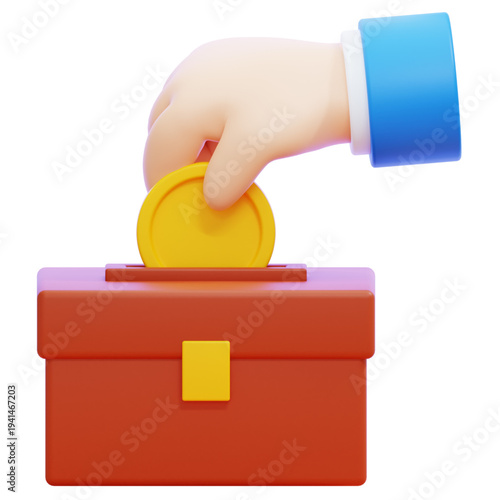 Stylized 3D graphic featuring a cartoon hand actively placing a gleaming gold coin into a vibrant red box, ideal for illustrating financial planning, fundraising, or charitable giving initiatives