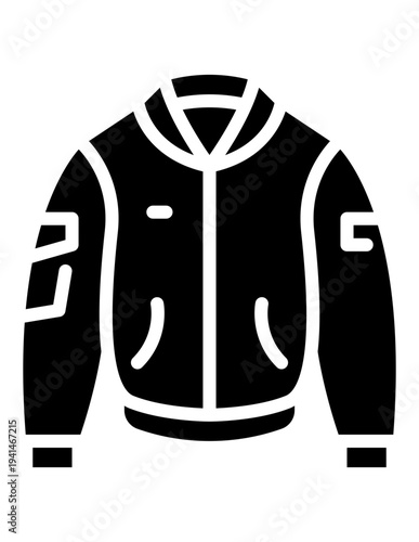 Black silhouette icon of a varsity or casual jacket with zipper and pockets, modern fashion clothing symbol