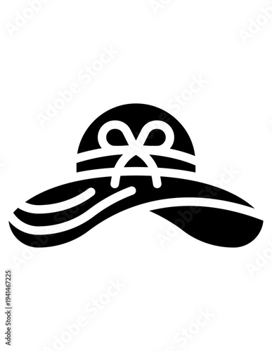 Black silhouette icon of an elegant women's hat with ribbon decoration, fashion accessory symbol isolated on white background.