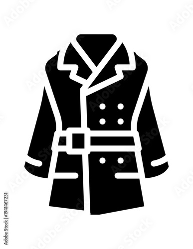 Black silhouette icon of a stylish trench coat or long coat, fashionable outerwear clothing symbol