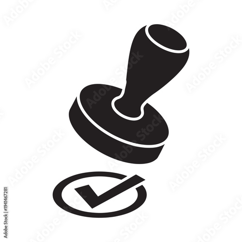 A black stamp with a checkmark symbol hovering above its circular base