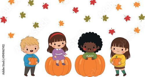 Cute kids sitting on pumpkins vector illustration with autumn leaves, fall harvest cartoon children characters seasonal design
