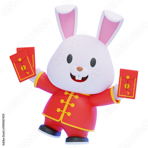 Cheerful 3D Rabbit Mascot Dressed in Traditional Chinese Attire, Happily Presenting Lucky Red Envelopes for Prosperous Lunar New Year Celebrations