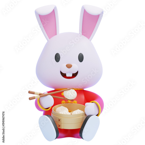 Adorable 3D illustrated rabbit character wearing traditional Chinese clothing and enjoying delicious dim sum with chopsticks, perfect for festive celebrations and cultural themes