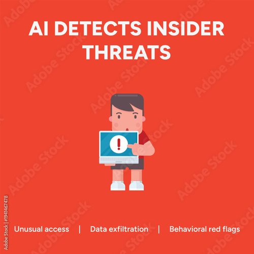 Vector graphic illustration of a man holding a laptop with an exclamation mark representing AI detecting insider threats and unusual data access.