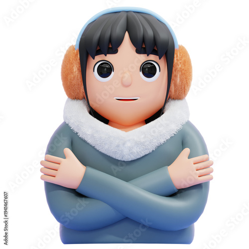 Cute 3D rendered character in winter attire, embracing warmth and comfort with a cozy earmuff and fur-lined jacket