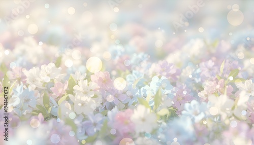 A gentle field of delicate pastel-colored flowers in soft focus, illuminated by ethereal bokeh light effects creating a dreamy atmosphere