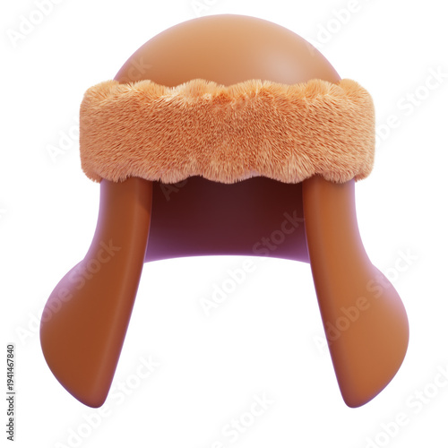 Cozy brown winter hat with plush earflaps and soft fur trim, meticulously rendered in 3D for a realistic look, offering warmth and style for cold weather, isolated design